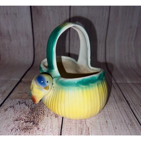 Czech Bird on Basket Red Mark Czechoslovakia Yellow Blue Art Pottery Antique - Picture 2 of 12